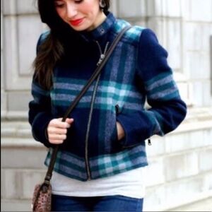 GAP- Plaid Moto Cropped Jacket Green Blue Wool Blend Quilted Lined, Size XS